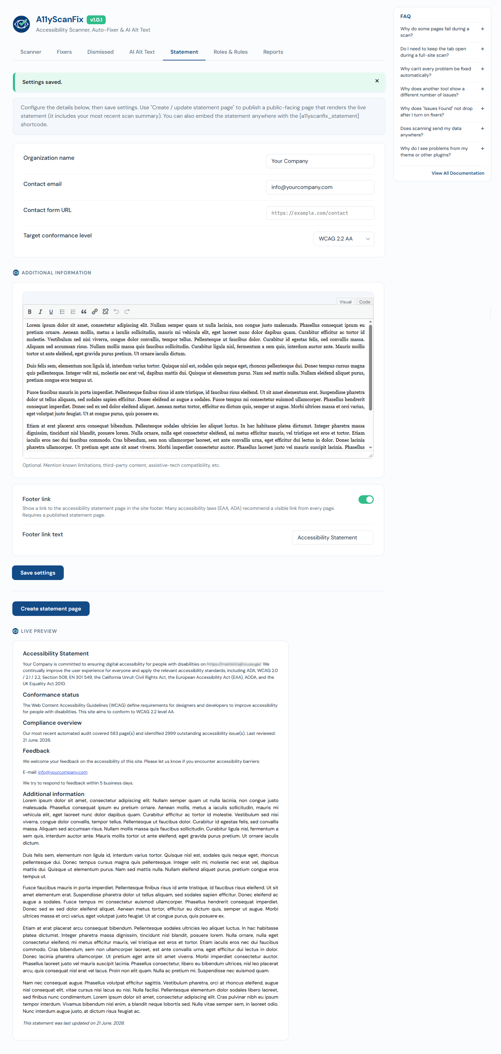 The Statement tab in AcceGuru: a settings form with organization name, contact email, contact form URL, and target conformance level (WCAG 2.2 AA), an additional-information rich text editor, a footer-link toggle, a Create statement page button, and a live preview of the published accessibility statement with conformance status, compliance overview, and feedback sections.