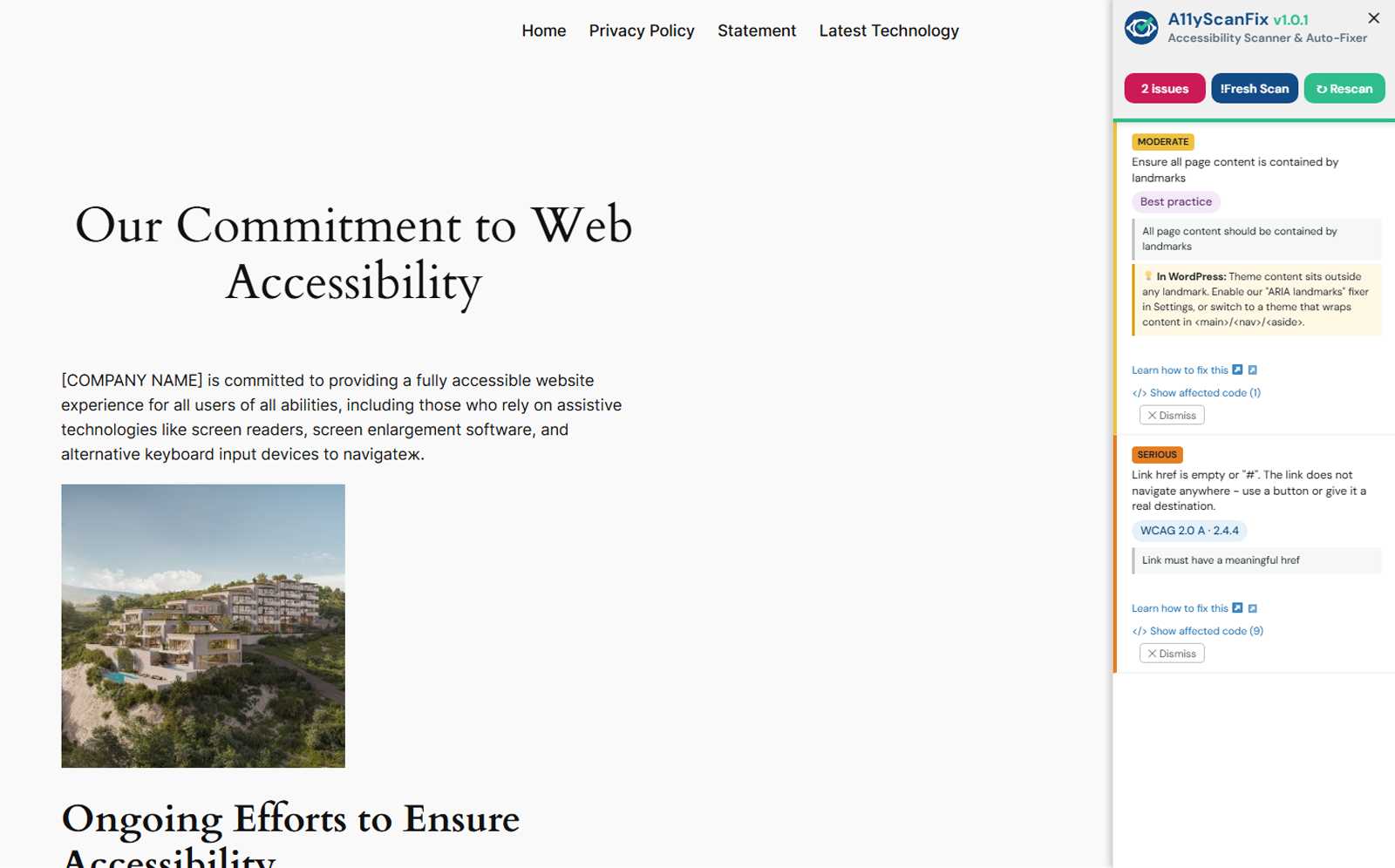 A front-end page with the AcceGuru sidebar panel open on the right, showing a 2 issues badge, Fresh Scan and Rescan buttons, and two issue cards: a moderate Best practice issue about content being contained by landmarks with a WordPress fixer tip, and a serious WCAG 2.0 A 2.4.4 issue about an empty link href, each with Learn how to fix, Show affected code, and Dismiss controls.
