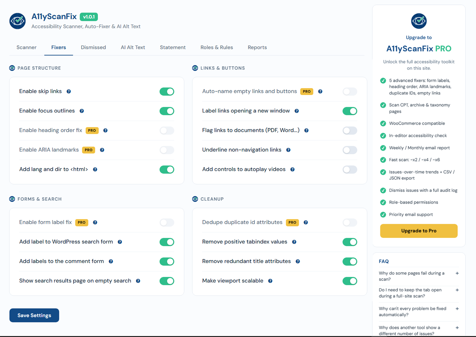 The Fixers settings screen with toggles grouped into Page Structure, Links and Buttons, Forms and Search, and Cleanup. Some toggles are on, and several advanced options carry a PRO badge.