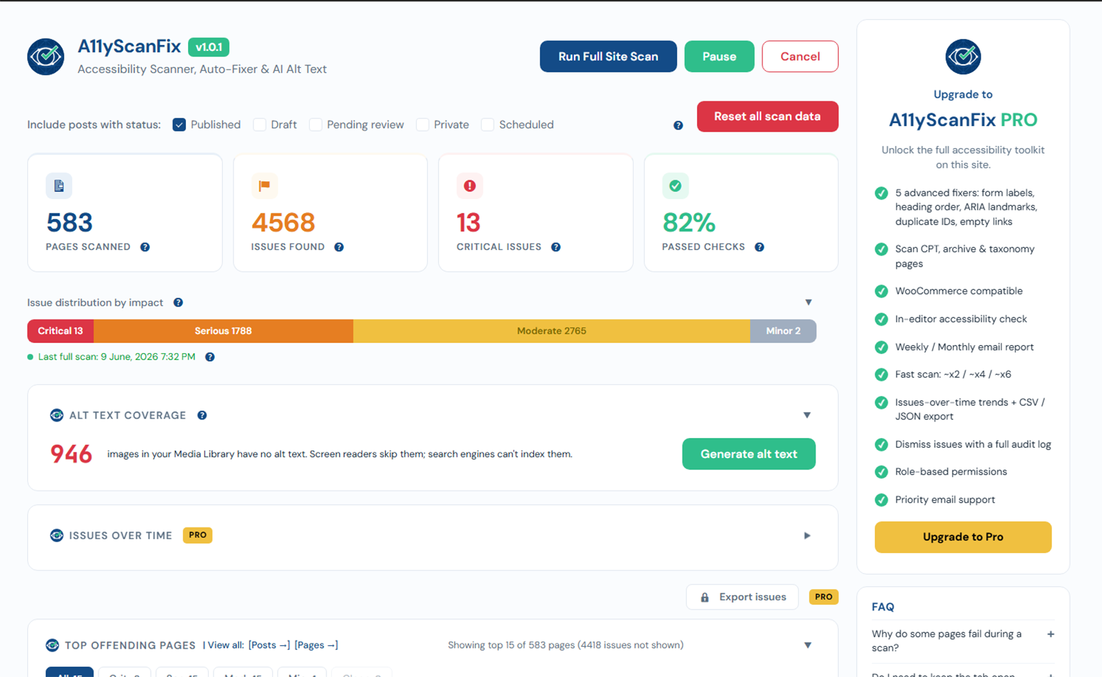 The AcceGuru dashboard during a full-site scan, with Run Full Site Scan, Pause, and Cancel buttons, result cards, and an issue-distribution bar split into Critical, Serious, Moderate, and Minor segments.